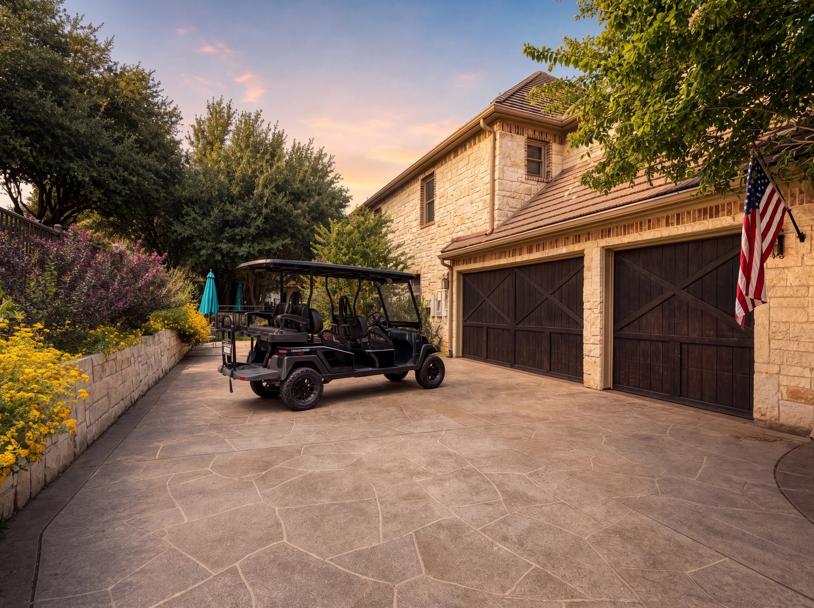 Stone-overlay driveway with the golf cart at the garage bays