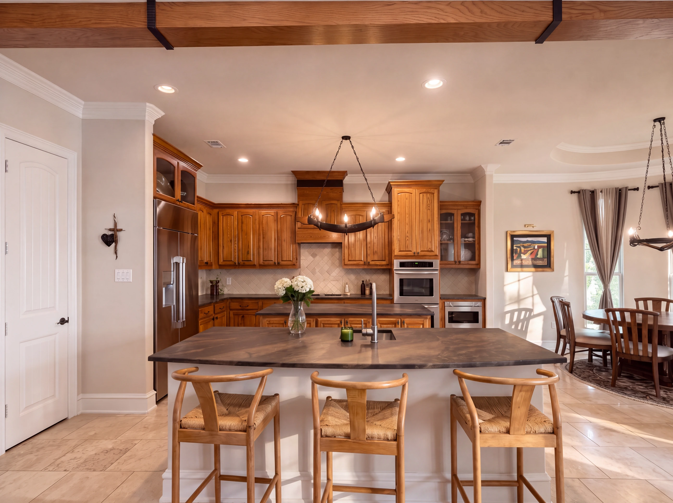 Kitchen with curved island, double oven and travertine backsplash