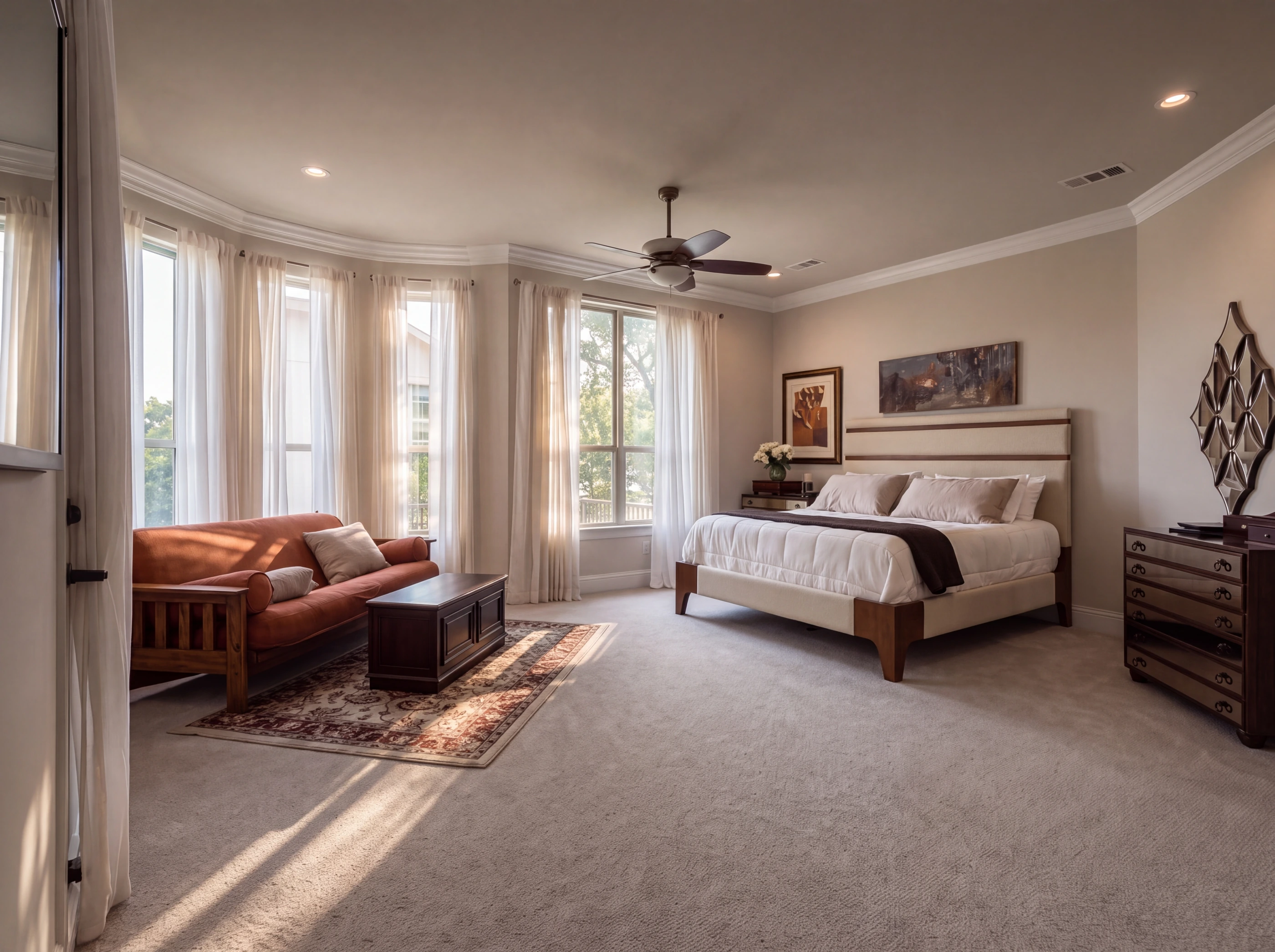 First-floor primary bedroom in a bay of windows