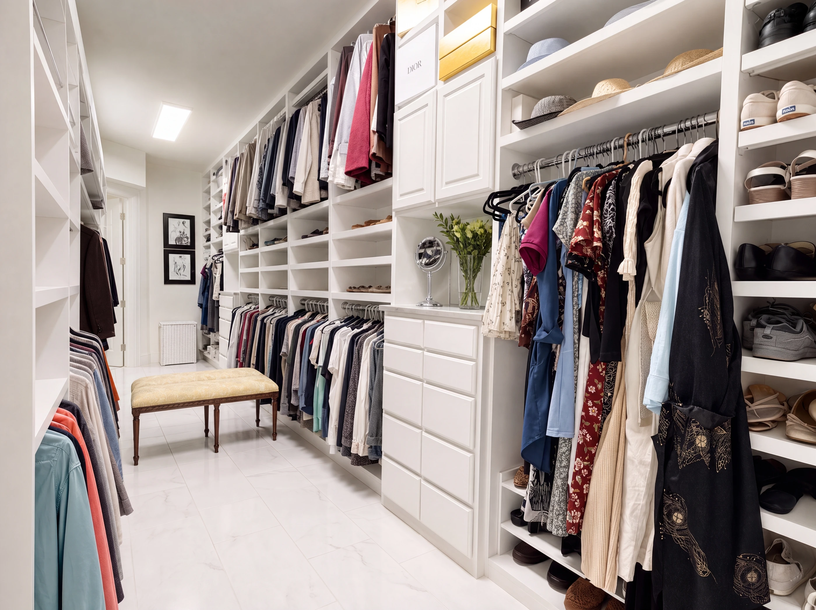 Custom built-in closet system with marble-look tile floor