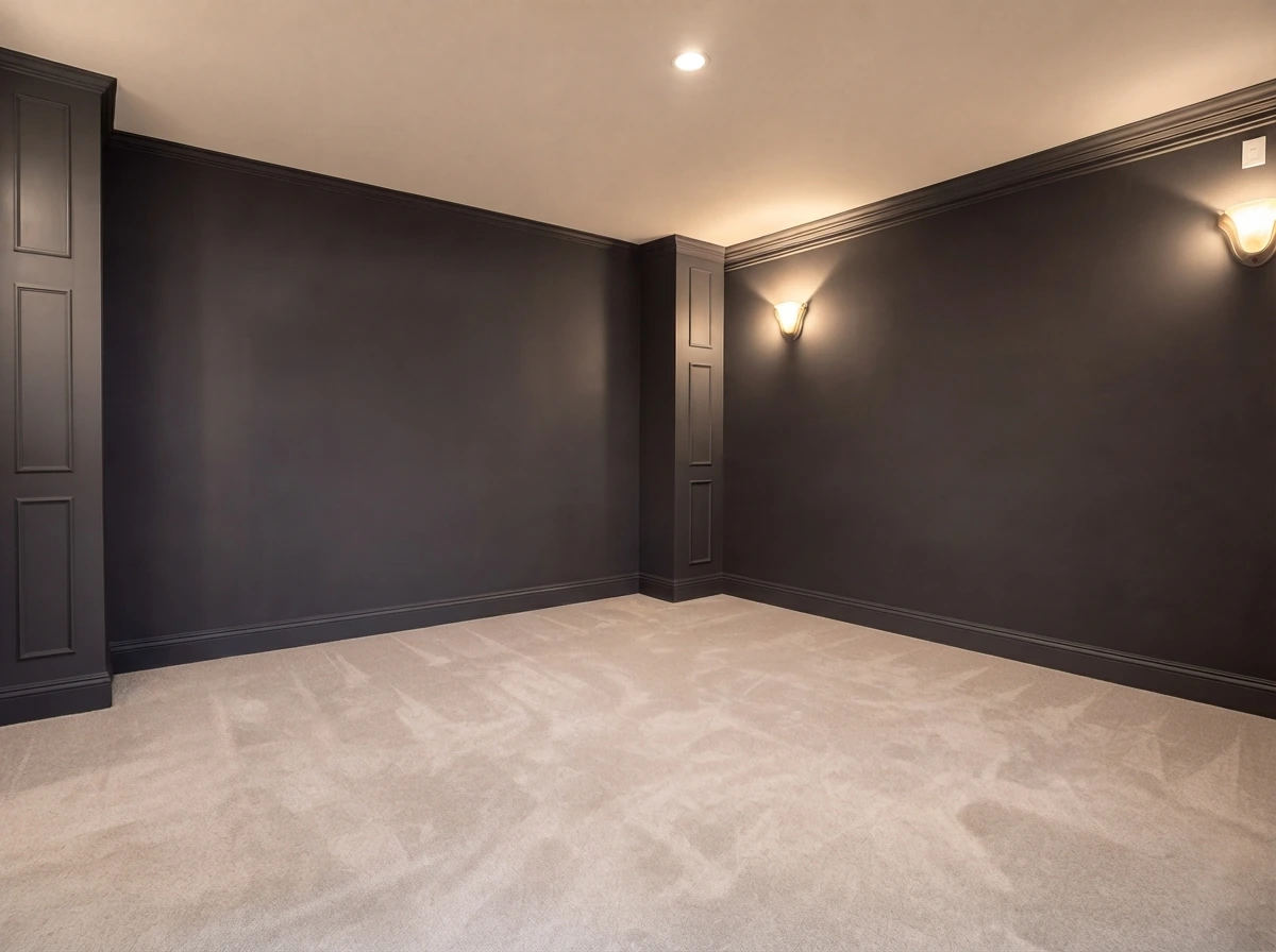 Media room with dark walls and sconce lighting