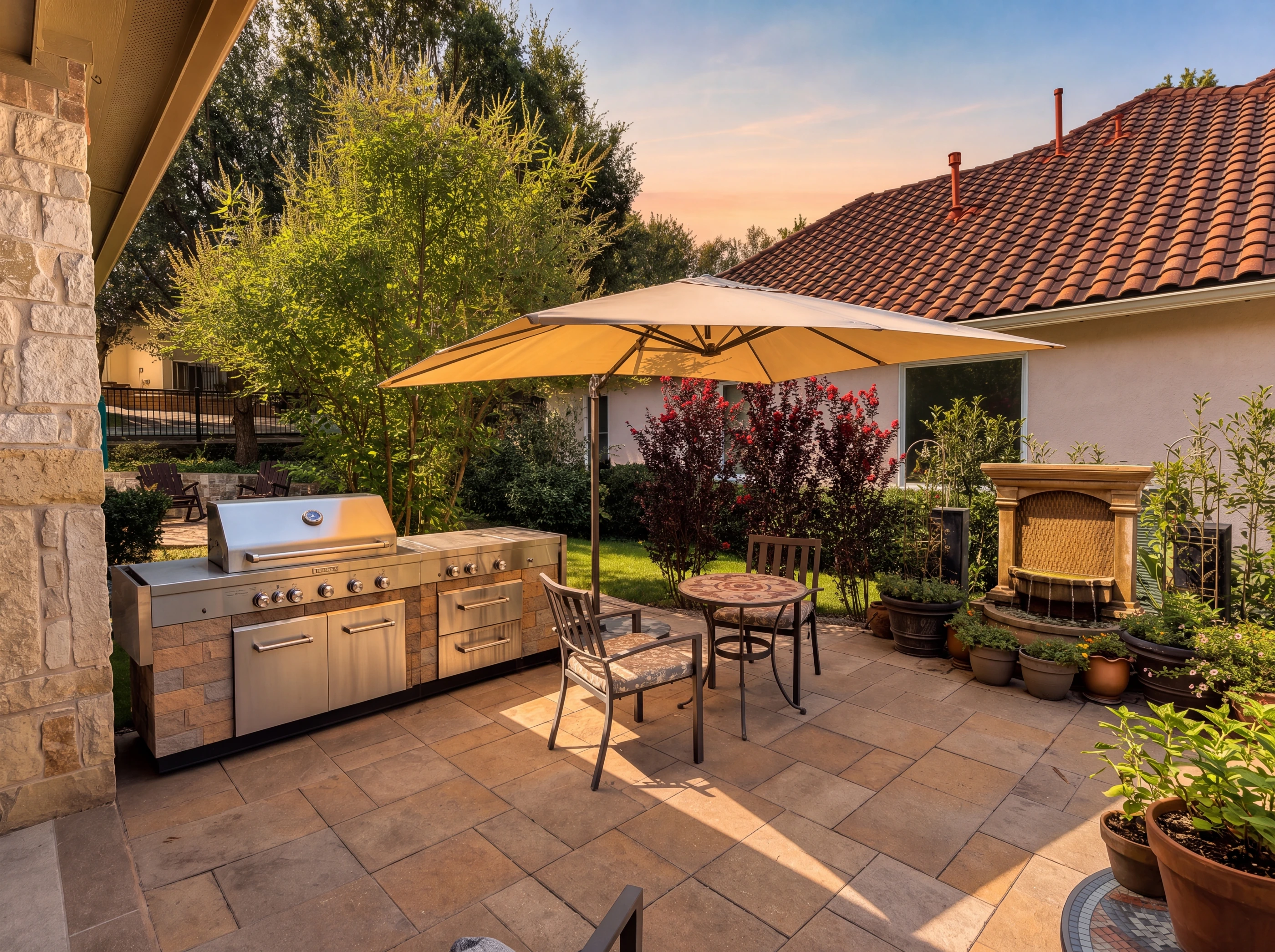 Stone paver patio with free-standing grill and fountain at 4601 Byron Circle