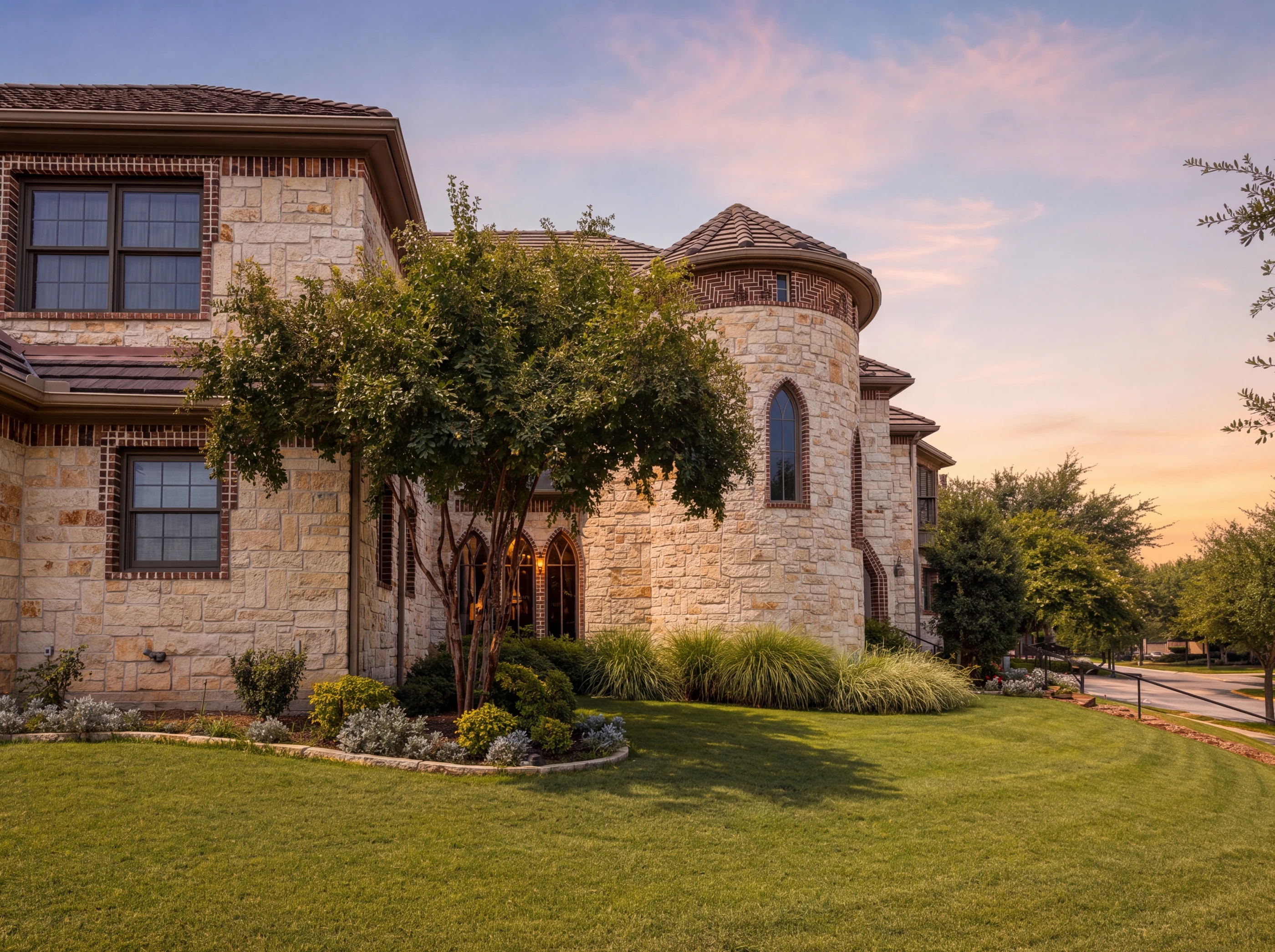 Turret and side elevation over the lawn at sunset